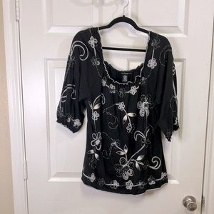 Black Floral Embroidered Peasant Blouse